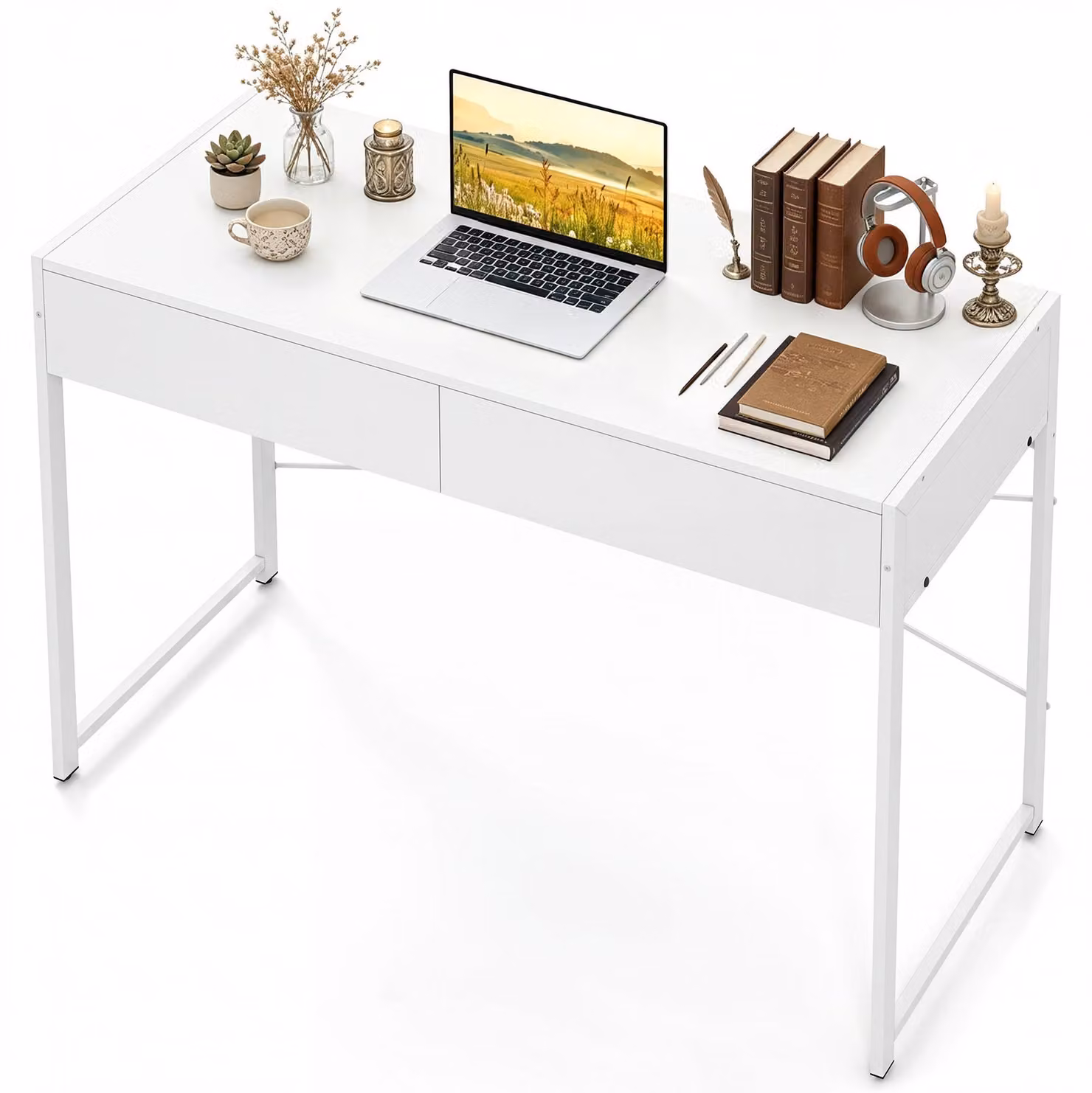 KOMFOTTEU: Scrivania industriale con struttura a X, tavolo da lavoro con ampi cassetti, piedini regolabili e kit antiscottatura, scrivania in legno per casa e ufficio, capacità di carico 90 kg, dimensioni 111 x 48 x 76 cm