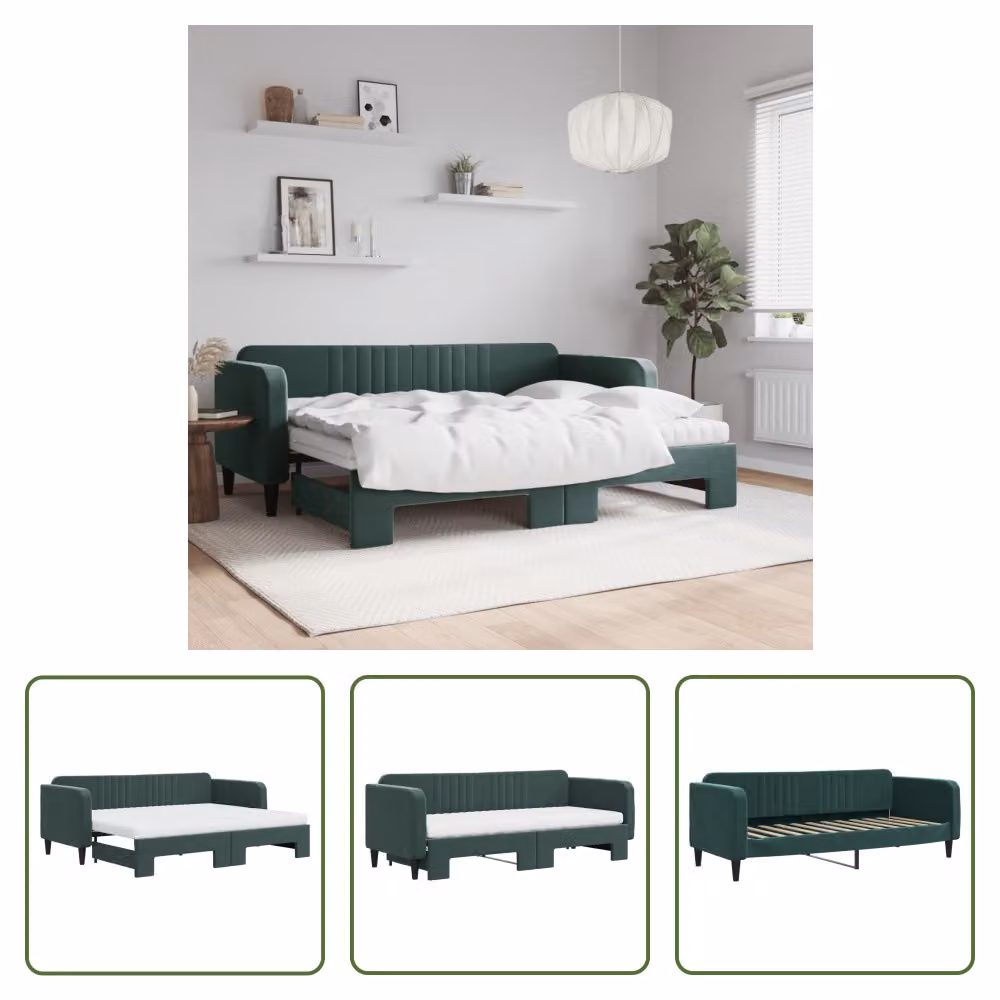 The Living Store Letto da giorno allungabile con materassi Verde scuro 80x200 cm in velluto