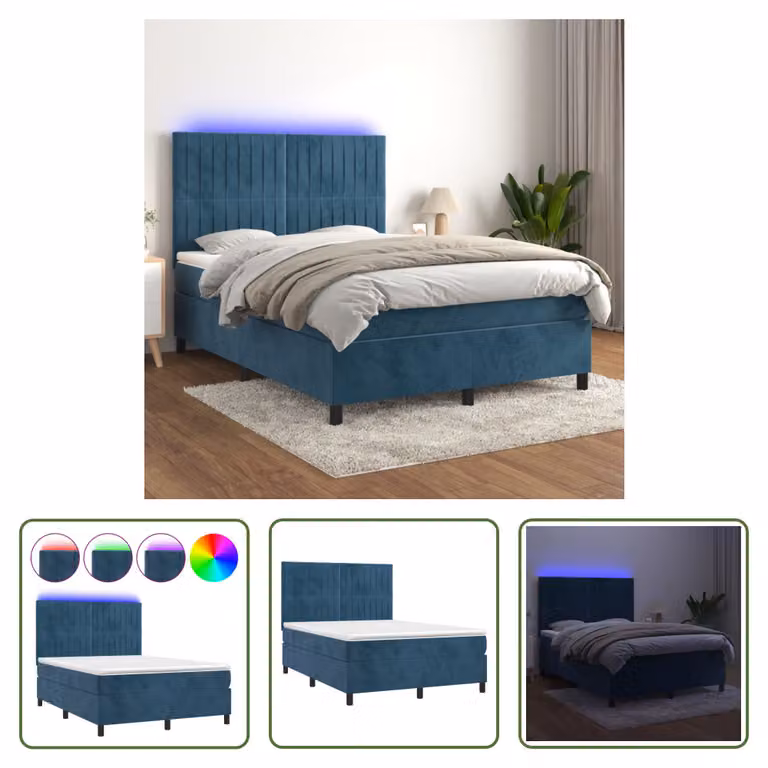 The Living Store Letto a molle con materasso e LED in velluto blu scuro 140x200 cm