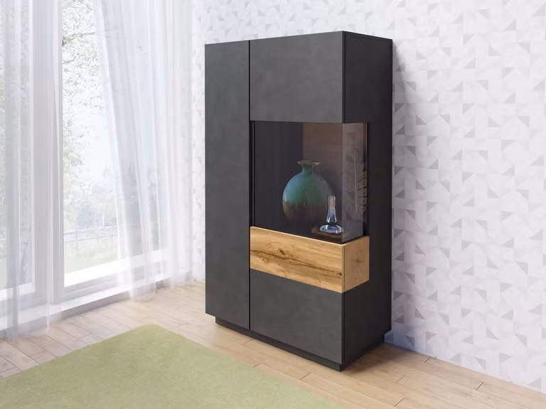 Cassettiera alta con parte vetrata SHADI destra, grigio/rovere wotan