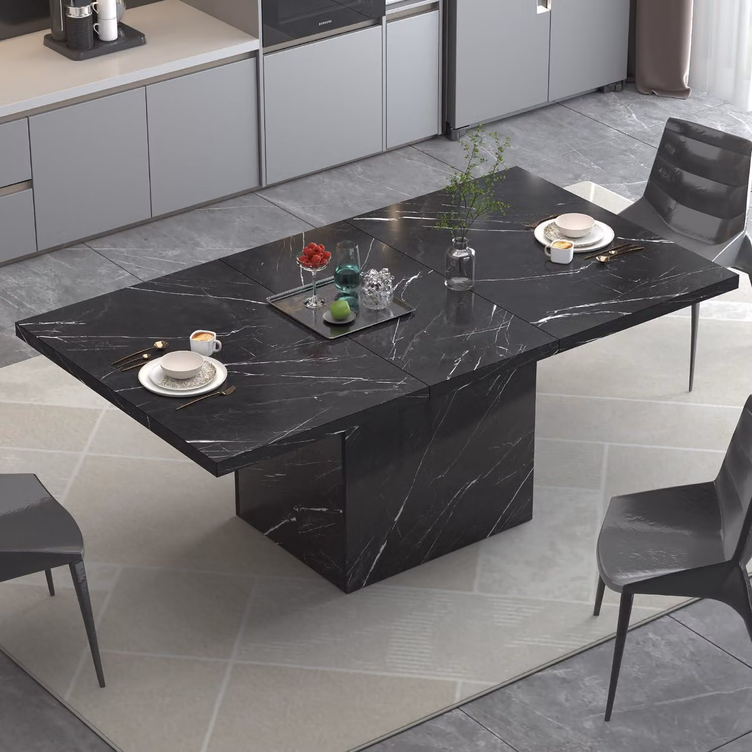 Tavolo da pranzo rettangolare, aspetto marmo, nero, 160x80x76 cm