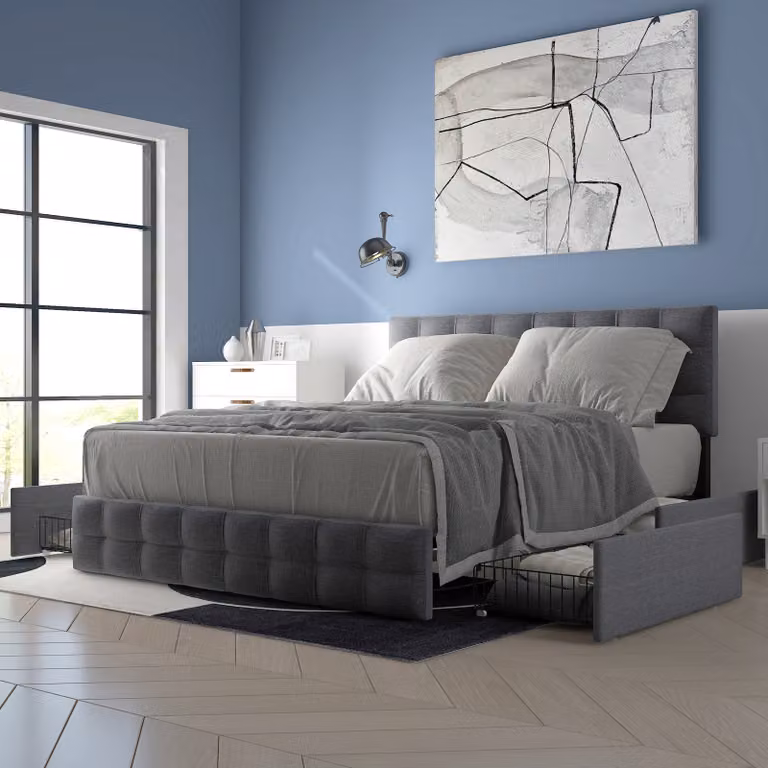 Letto imbottito Flieks 140x200cm con cassetti e rete a doghe, letto contenitore letto funzionale letto in legno letto matrimoniale, materiale lino, grigio