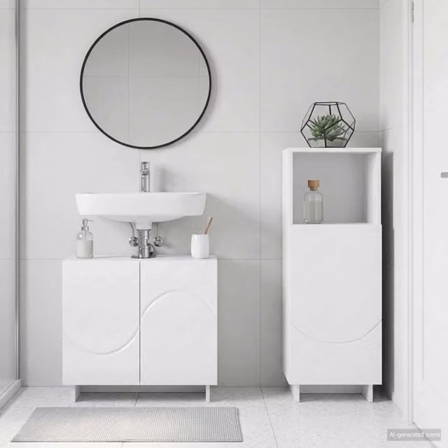 Set mobili da bagno moderno vidaXL in MDF bianco lucido con vanità e armadietto a 2 pezzi