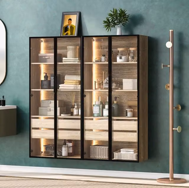 Set 2 mobili contenitore ULEVR 74x36x155 cm con LED a colori, ante in vetro satinato, cassetti e ripiani, naturale