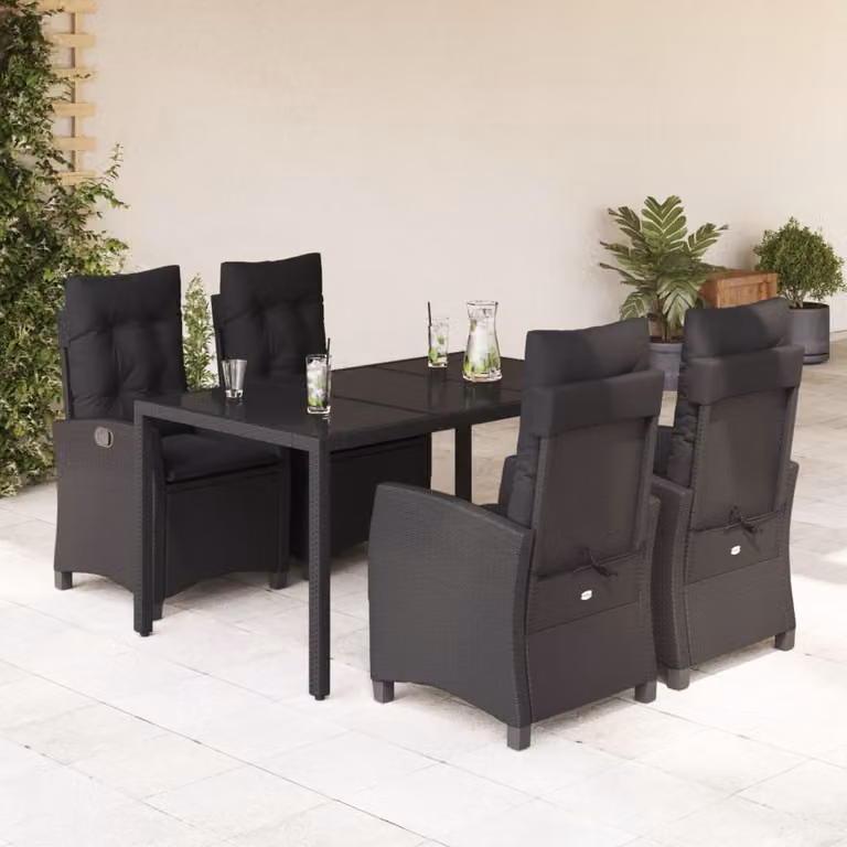 Set da Pranzo da Giardino vidaXL 5 pz in Polyrattan Nero con Piano in Vetro