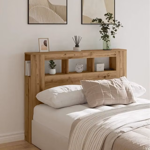 Testiera con LED vidaXL in legno Rovere Marrone con mensola integrata e porta USB L/P/H: 140 x 18,5 x 103,5 cm – 1