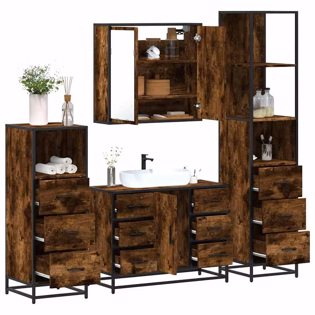 Set di mobili da bagno industrial vidaXL in legno e metallo marrone composto da 4 pezzi con armadietto specchio, mobile lavabo, mobile laterale e colonna alta con illuminazione LED