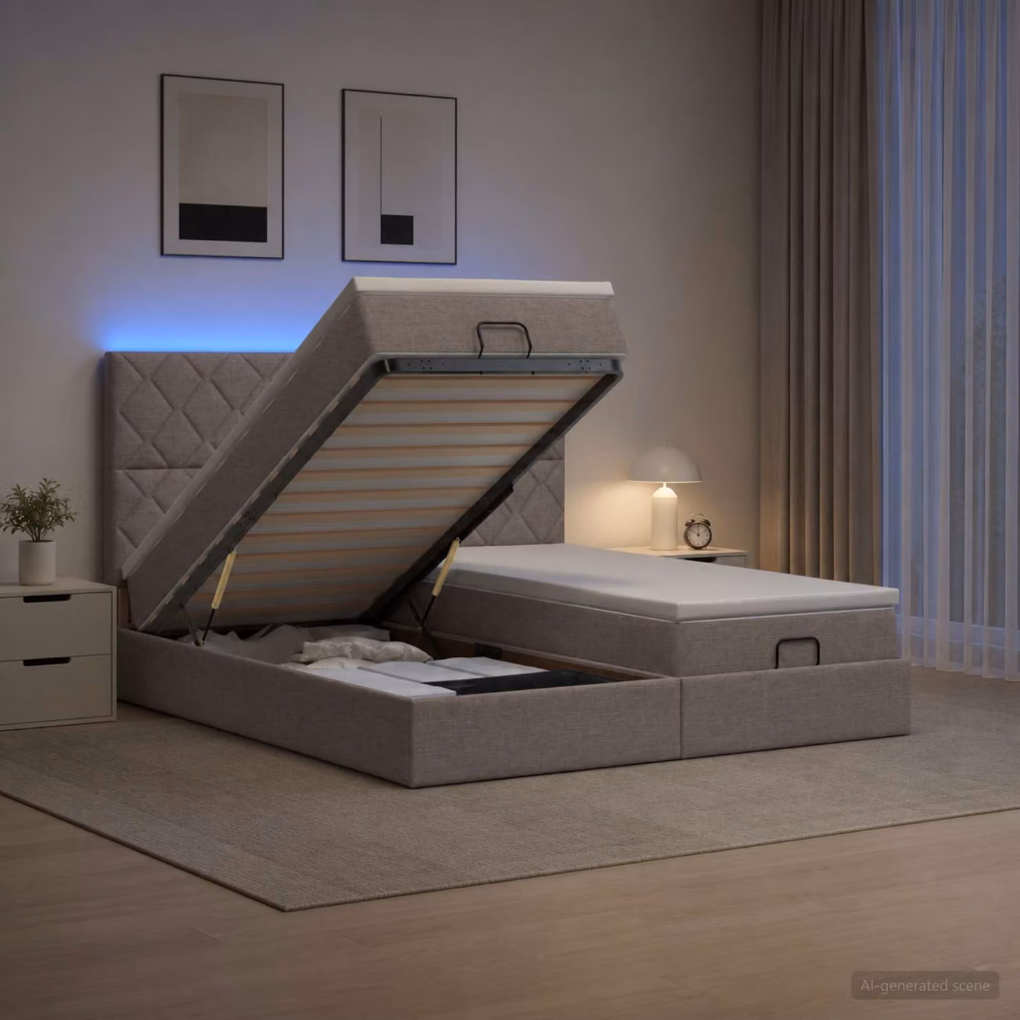 Letto Ottomano con Materasso e Illuminazione LED vidaXL, Colore Tortora, L/P/H: 180 x 200 x 88 cm