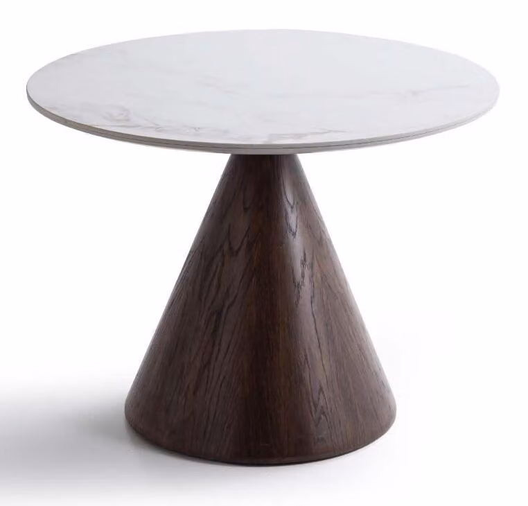 Tavolo moderno, bianco e marrone, rotondo, aspetto marmo, legno, design