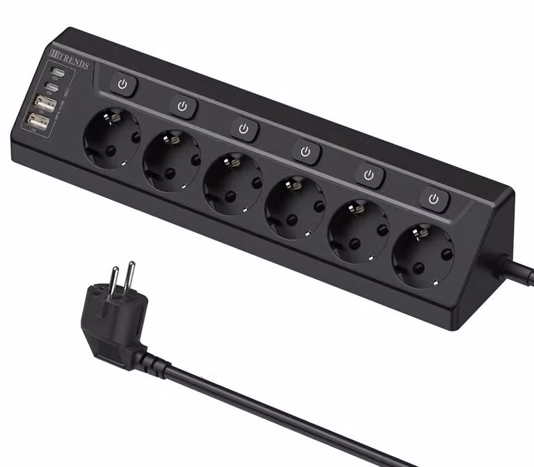 Ciabatta multipresa 10-in-1, con 6 prese, 2 porte USB-A, 2 porte USB-C, cavo da 2 metri, colore nero