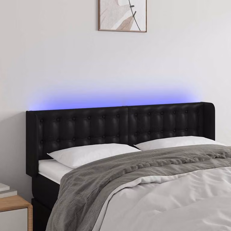 Testiera per letto vidaXL in similpelle nera con illuminazione LED e porta di ricarica USB, L: 147 cm, P: 16 cm, H: 78-88 cm