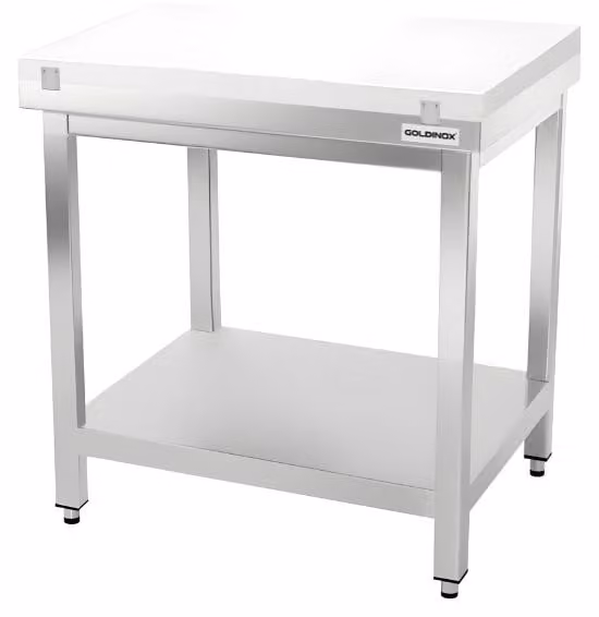 Tavolo da lavoro in acciaio inossidabile, dimensioni 800x700 mm, con piano di taglio bianco PREMIUM - GOLDINOX