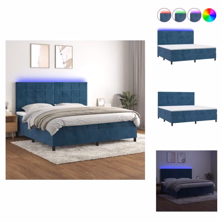 vidaXL Letto a molle con materasso e LED in velluto blu scuro 200x200 cm - Letti & strutture letto