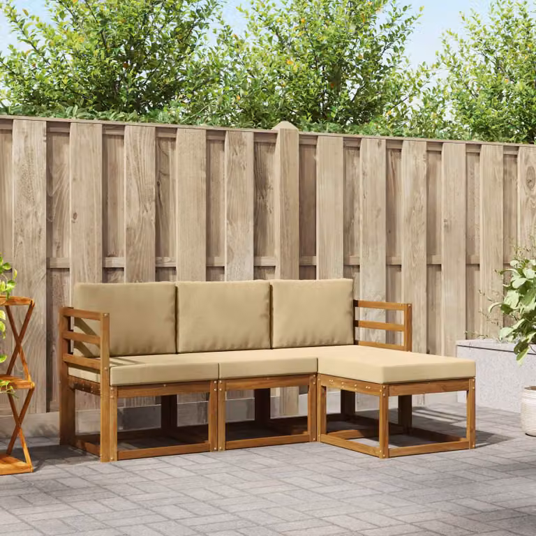Set di divani da esterno vidaXL a forma di L in legno di acacia con pouf e cuscini, Beige e Sabbia