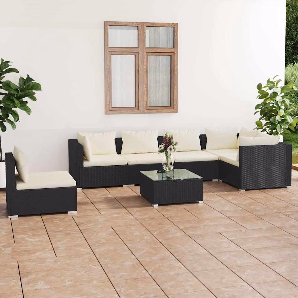vidaXL Set Salotto da Giardino a L di 7 Pezzi con Cuscini Beige e Struttura in Acciaio Nero – 1