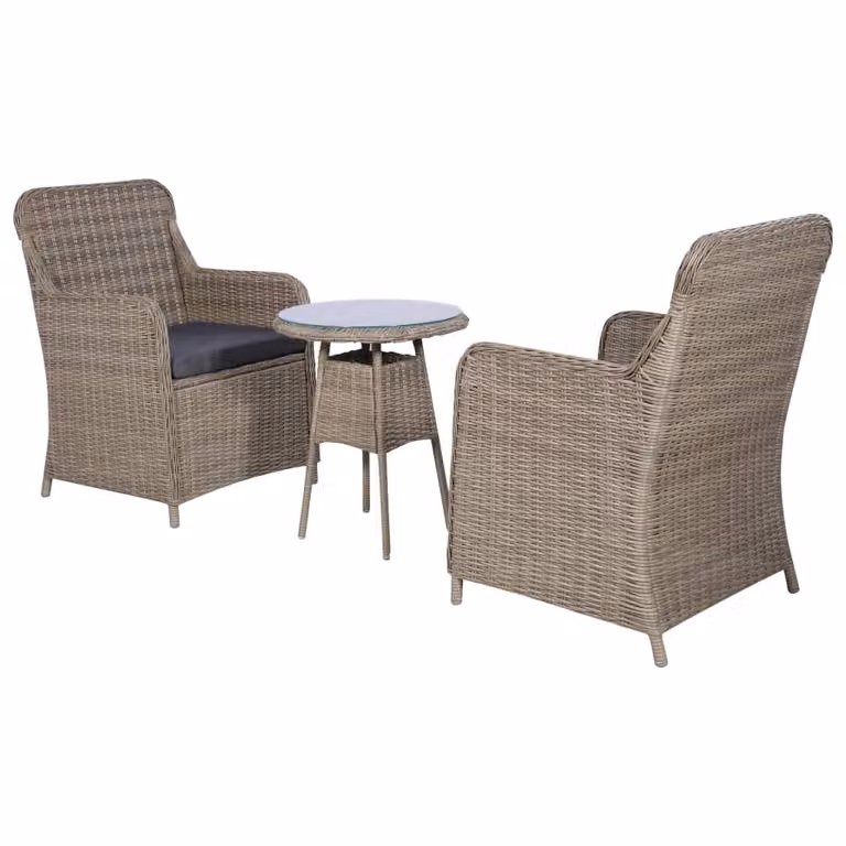 set bistrot 3 pezzi con cuscini in poly rattan marrone