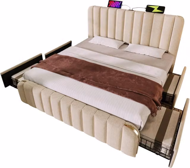 Letto Contenitore Singolo con Testiera Imbottita e Porte di Ricarica USB/USB-C, Beige, L/P: 90 x 200 cm – 1