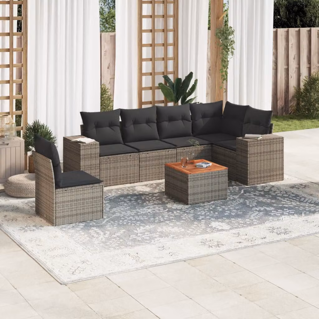 Set di divani da giardino vidaXL a forma di L composto da 7 pezzi in polyrattan grigio con cuscini inclusi – 1