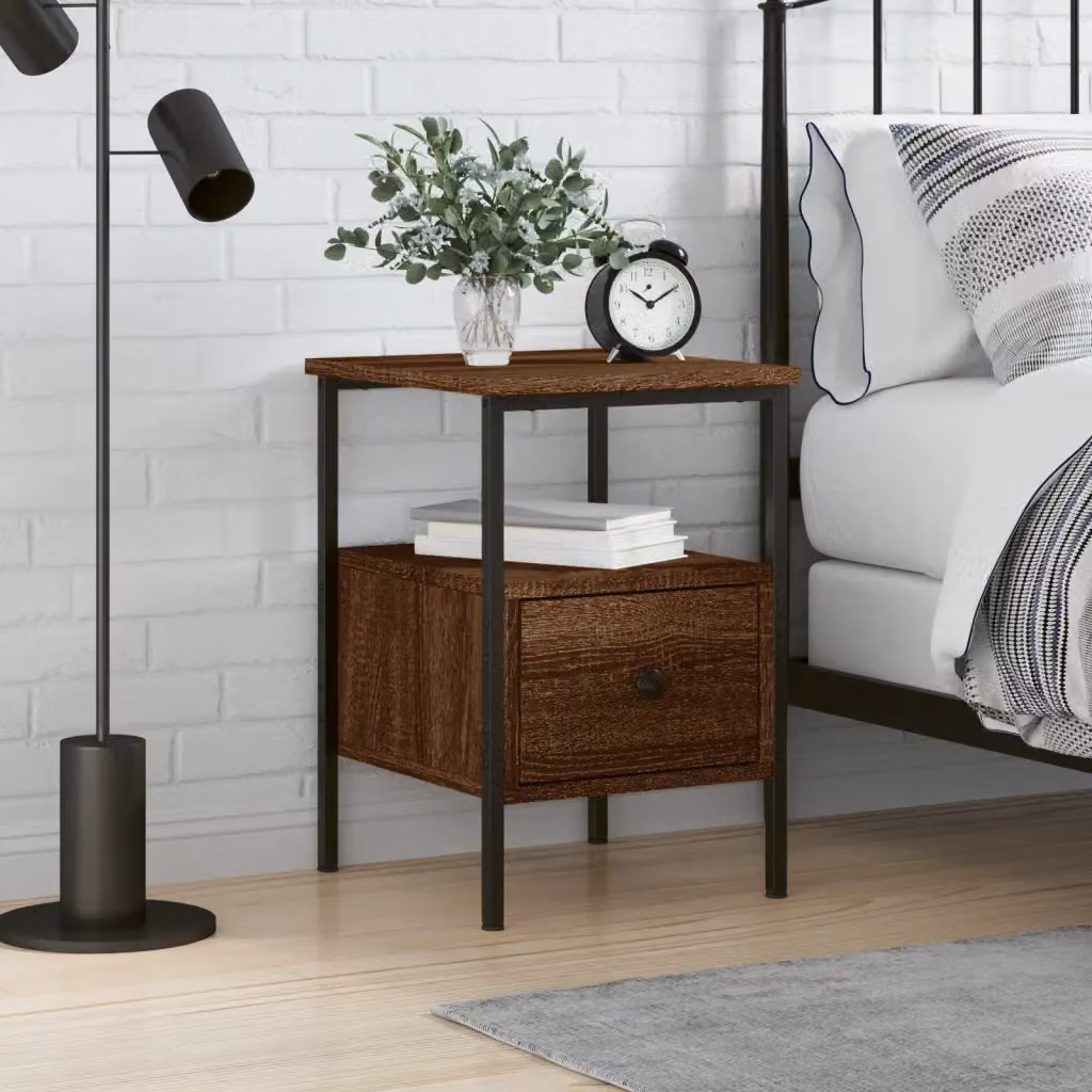 Comodino moderno vidaXL in legno multistrato e metallo, colore rovere marrone, L: 34 cm, P: 35,5 cm, H: 50 cm