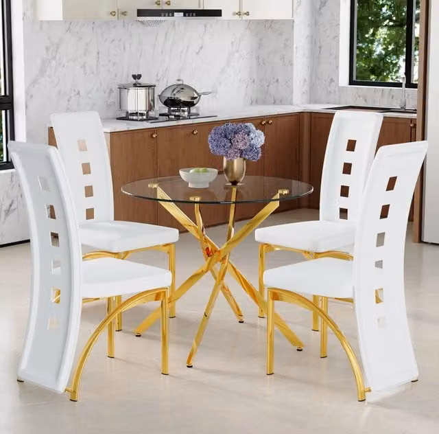 Set tavolo e sedie 88 cm in vetro temperato bianco e oro, 4 posti per piccoli spazi