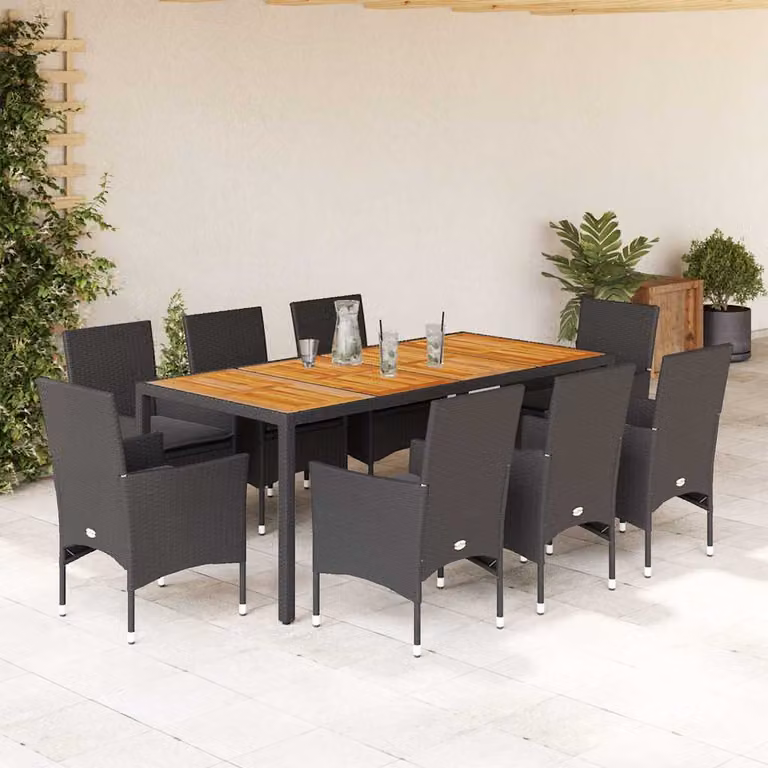 vidaXL Set Pranzo da Giardino 9 pz in Polyrattan e Legno di Acacia Nero con Cuscini