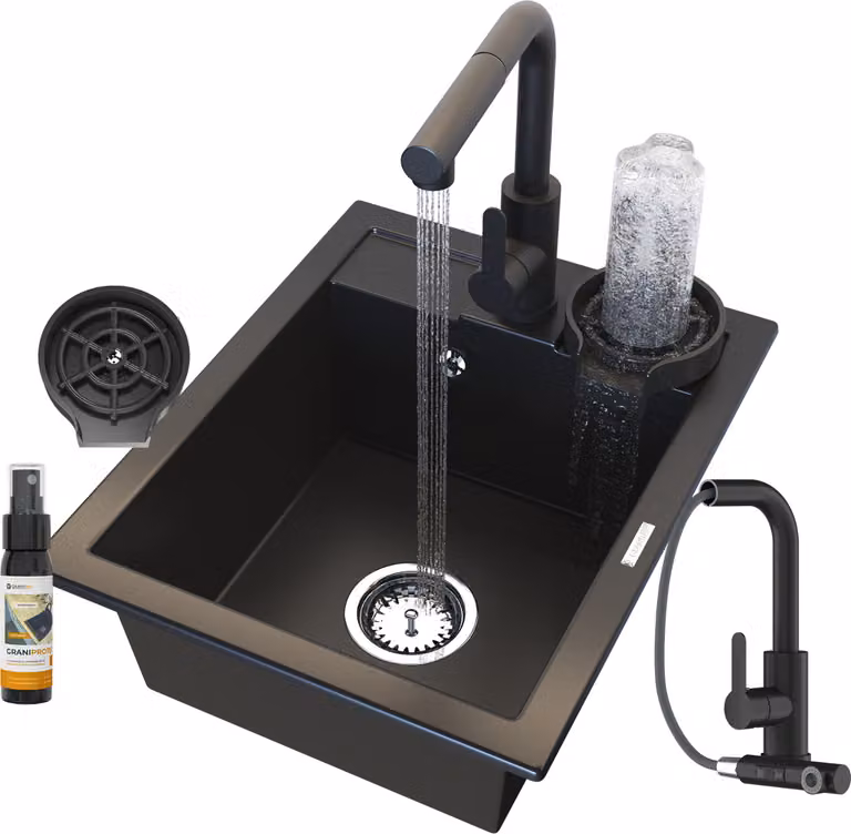Granitan - Lavello in granito - Lavello da cucina - Lavello 50x40 cm - Nero - con rubinetteria e accessori - BEST