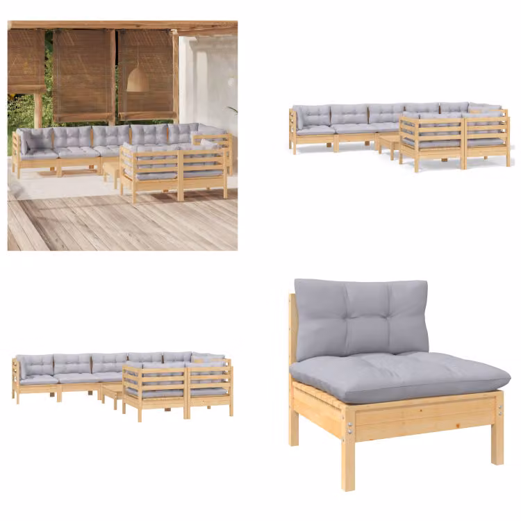 vidaXL Set salotto da giardino 9 pezzi con cuscini grigi in pino massiccio - Set salotto da giardino - Set salotto da giardino - Set mobili da giardino - Set mobili da giardino