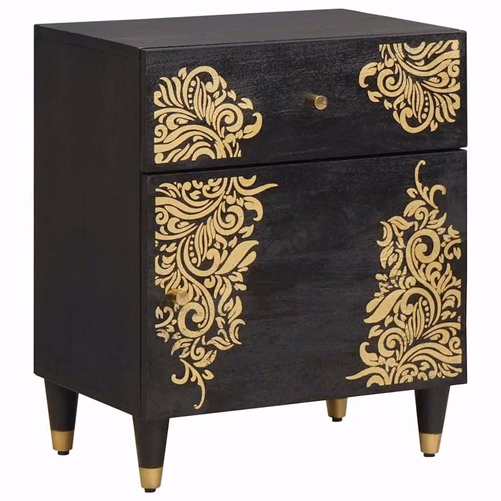 Comodino con porta vidaXL in legno di mango massello Nero L: 50 cm, P: 33 cm, H: 60 cm