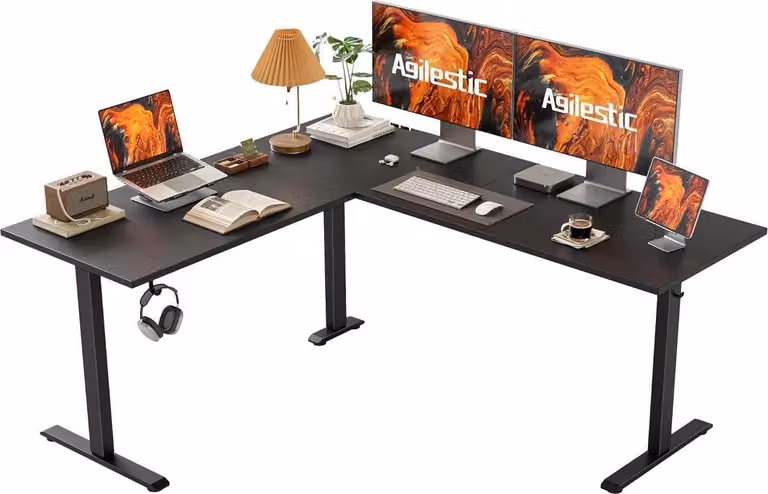 Scrivania elettrica a L, regolabile in altezza, 160 x 140 cm, ergonomica, nera