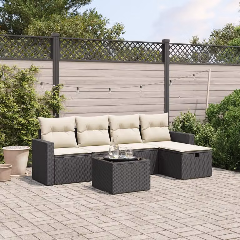 vidaXL Set Divano da Giardino a L 6 pz con Cuscini Nero e Tavolino in Vetro