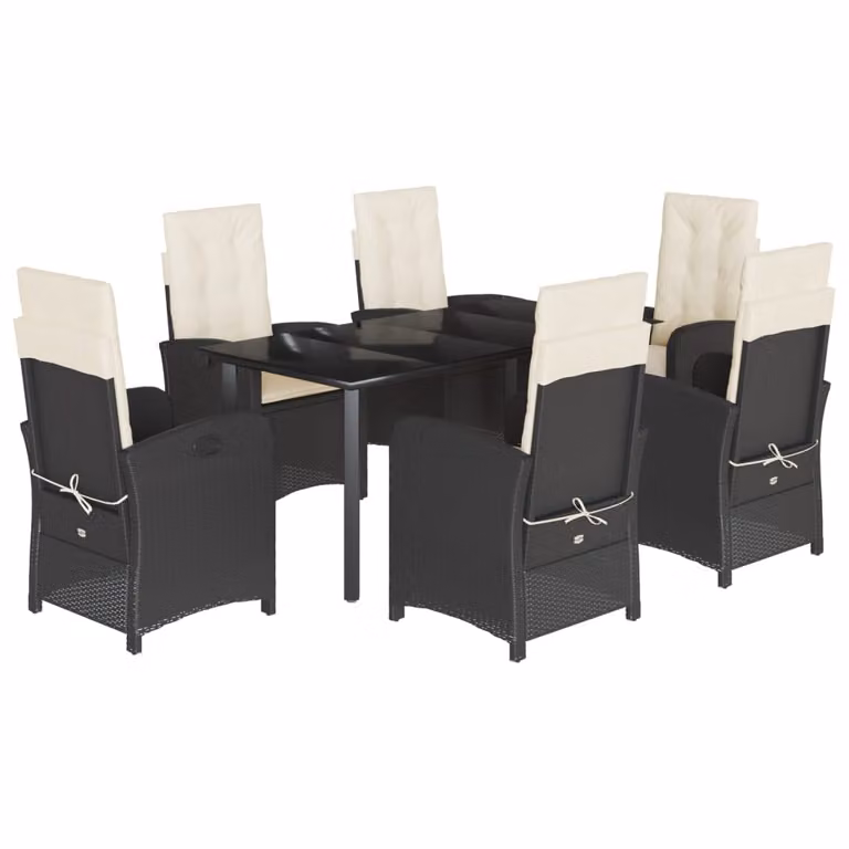 vidaXL Set da Pranzo da Giardino 7 pz in Polyrattan Nero con Cuscini e Tavolo in Vetro
