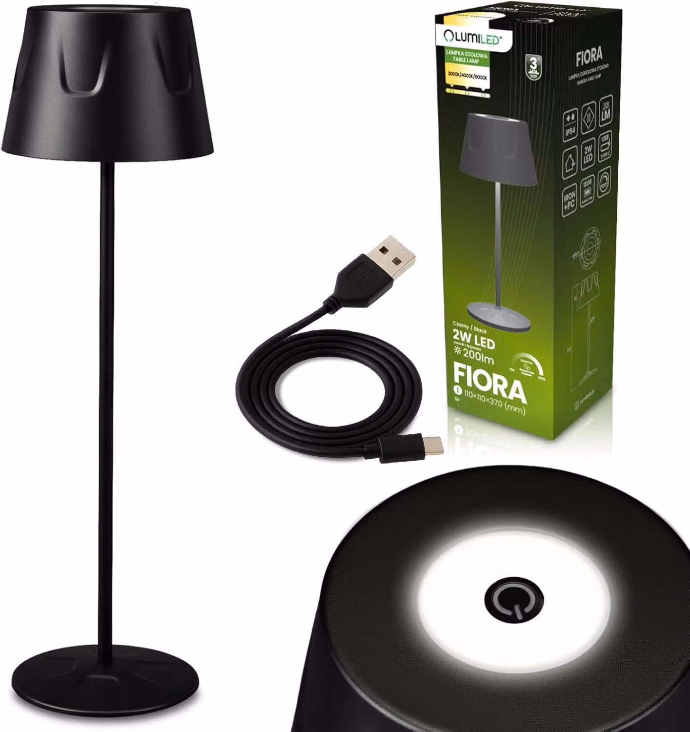 LUMILED LED Lampada da tavolo Cordless Dimmerabile Touch CCT 3000/4000/6000K IP54 Impermeabile USB-C Lampada da comodino Ristorante Camera da letto Lampada da tavolo Ricaricabile con Batteria 1800 mAh Portatile Nero