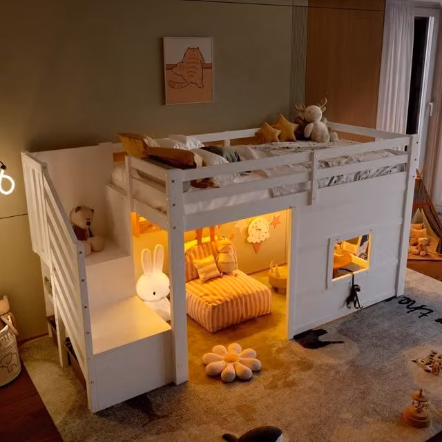 Letto a Soppalco con Scala Contenitore e Finestra ¨C MINIMAL ¨C Bianco 90x200
