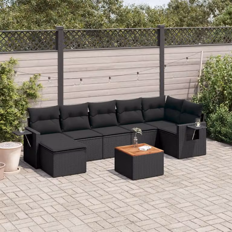 vidaXL Set Divani da Giardino a L con Cuscini 8 pz in Polyrattan Nero