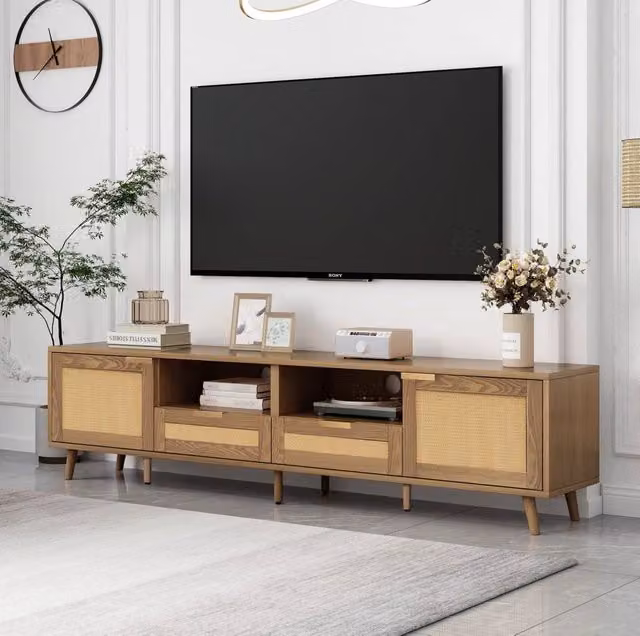 Mobile TV ULEVR 200x37x49 cm con 2 ante e 2 cassetti, dettagli in rattan sintetico, rovere