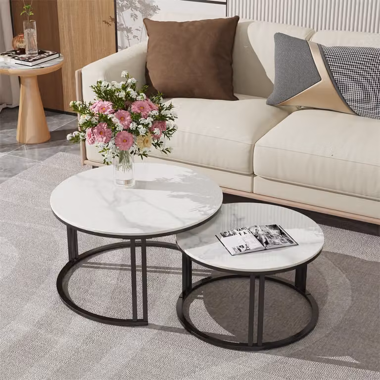 WISFOR set di 2 tavolini in pietra sinterizzata, tavolino moderno con doppie gambe in metallo, tavolino rotondo effetto marmo, Bentley bianco