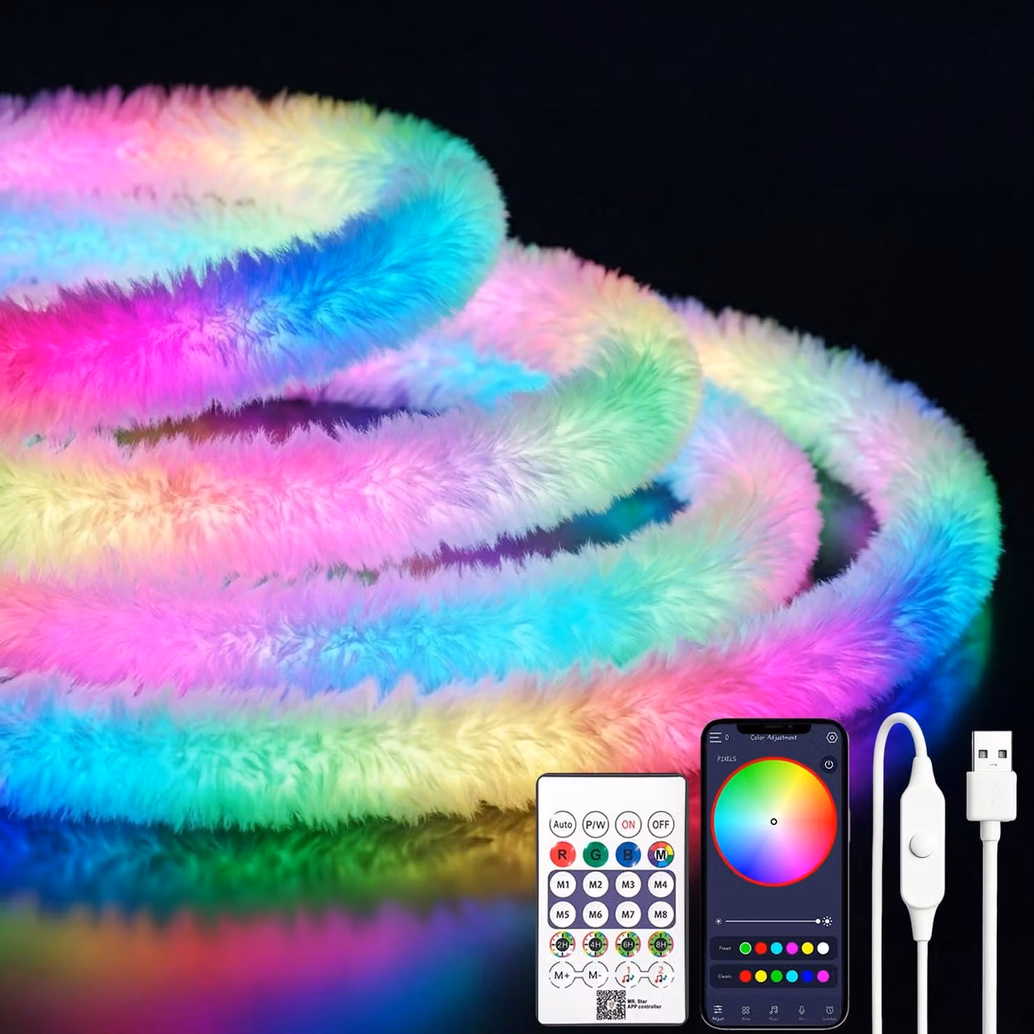 Striscia luminosa a LED neon, 5 metri, RGBIC 360°, alimentazione USB, cambio colore, grado di protezione IP67