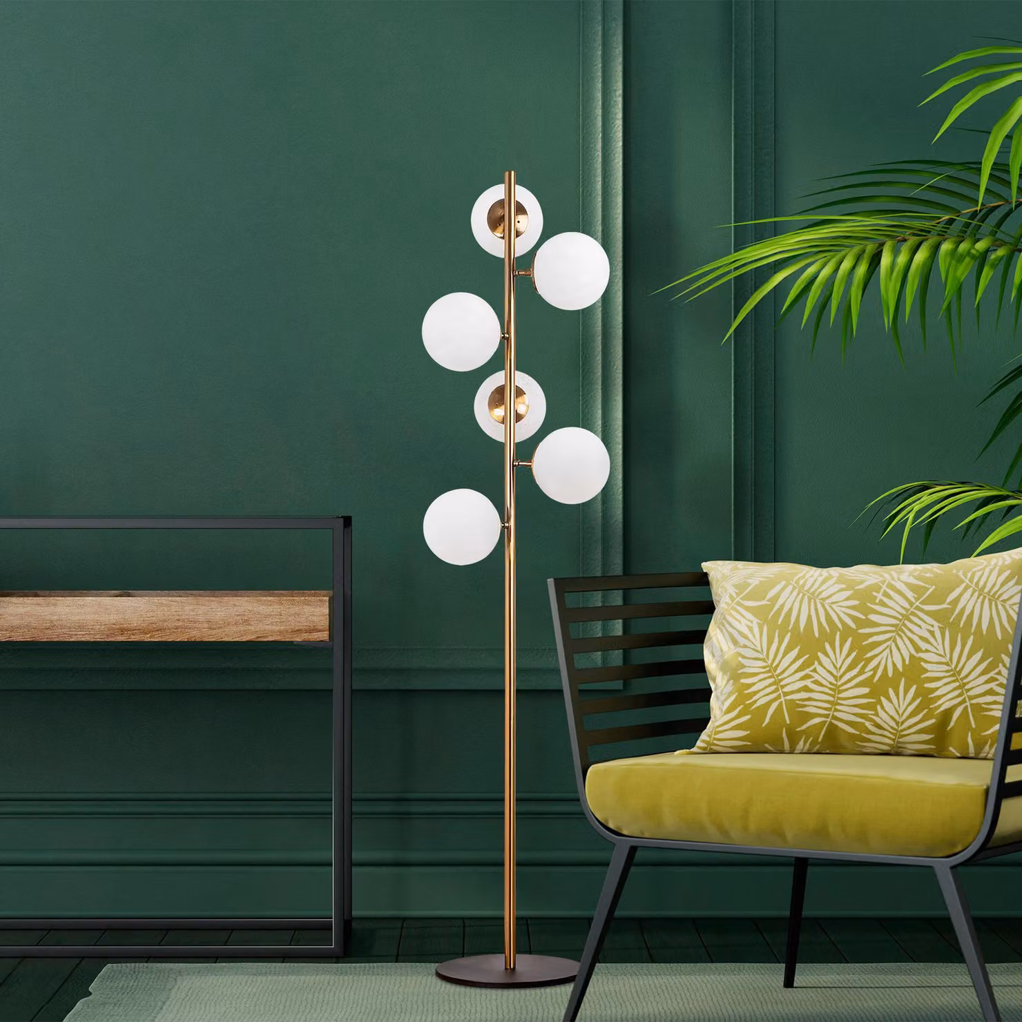 Opviq, lampada da terra vintage con struttura in metallo, 35 x 22 x 163 cm | Paralume in vetro, 6 attacchi E14, max. 40 W | Design elegante per hotel moderni e ambienti abitativi, IP20.