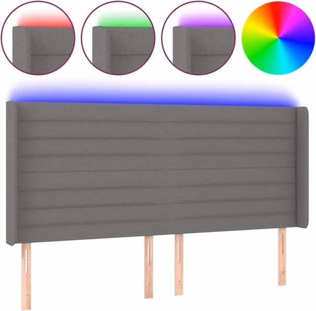 Testiera moderna in tessuto grigio con illuminazione LED integrata e porta di ricarica USB, L: 203 cm, P: 16 cm, H: 118/128 cm