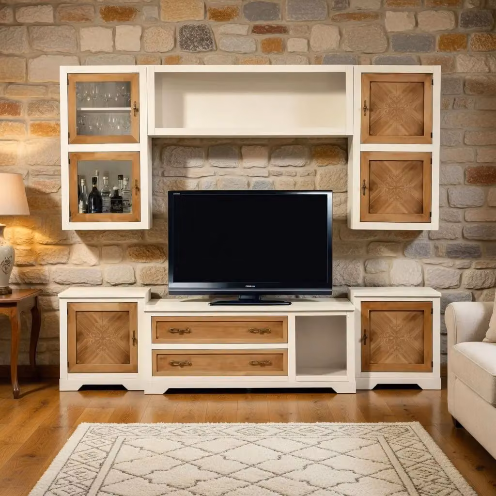 Parete attrezzata Mobili 2G in legno bianco e marrone con ante a battente e mensole aperte L: 260 cm, P: 65 cm – 3