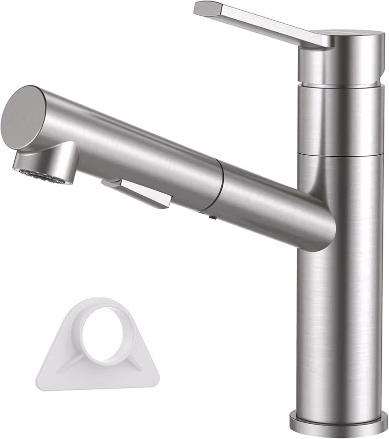 Miscelatore da cucina con doccetta estraibile, realizzato in acciaio inossidabile SUS304, con 2 tipi di getto, girevole a 120° e finitura in acciaio spazzolato