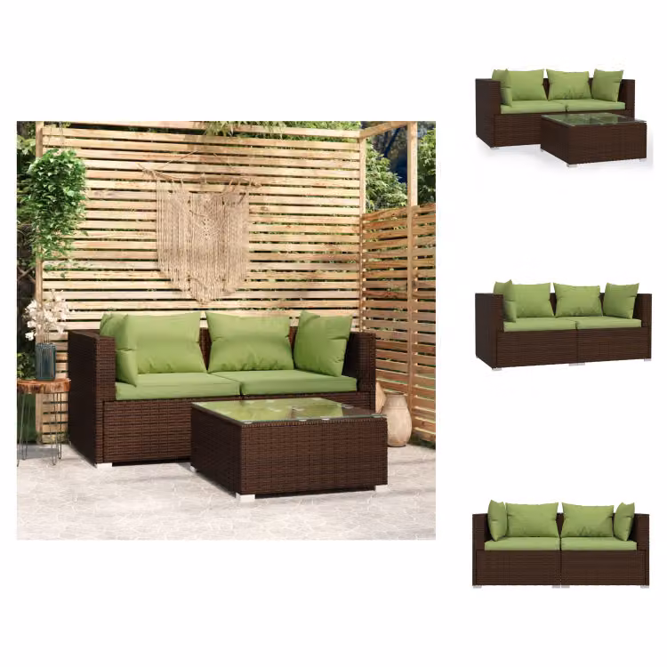 vidaXL Set 3 pezzi da giardino con cuscini in poly rattan marrone - Set di mobili da giardino