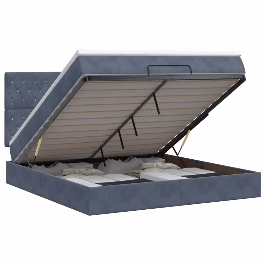 Letto ottomano moderno vidaXL in velluto grigio e bianco con base a sollevamento e materasso a molle, L/P/H: 200 x 160 x 88 cm – 2