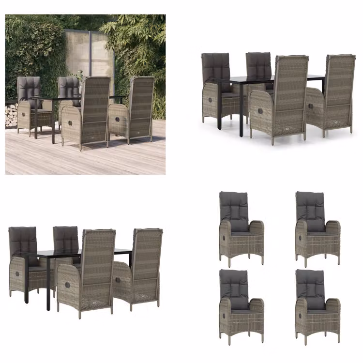 vidaXL Set da pranzo da giardino 5 pezzi con cuscini in poly rattan nero e grigio - Set da pranzo da giardino - Set da pranzo da giardino - Set da pranzo da terrazza