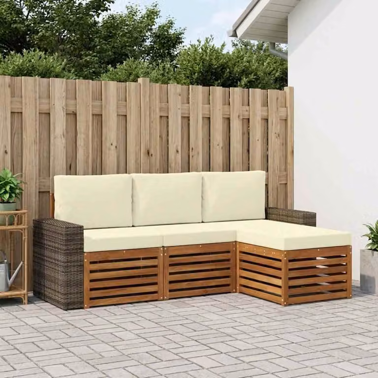 Set di divani da esterno vidaXL 4 pz in legno di acacia con cuscini, forma a L, colori beige, bianco e marrone
