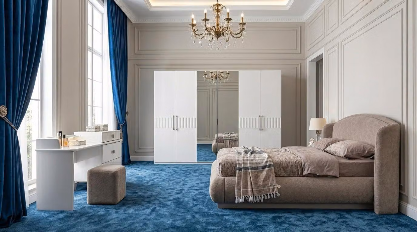 Set per camera da letto: letto, armadio, comodino. Stile moderno e minimalista