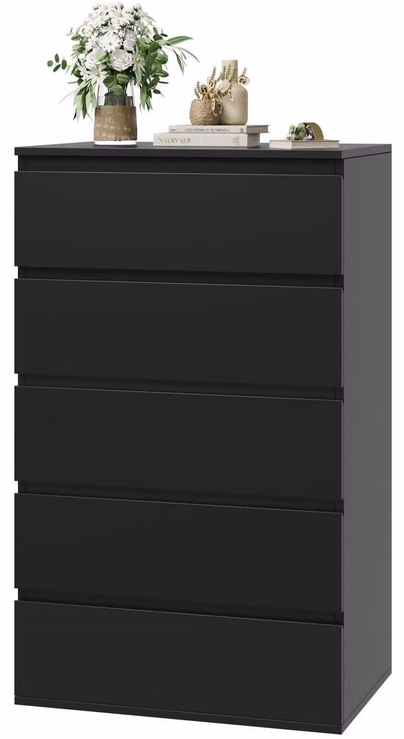 Comodino nero con 5 cassetti, dimensioni 60x40x100 cm, impiallacciatura in legno