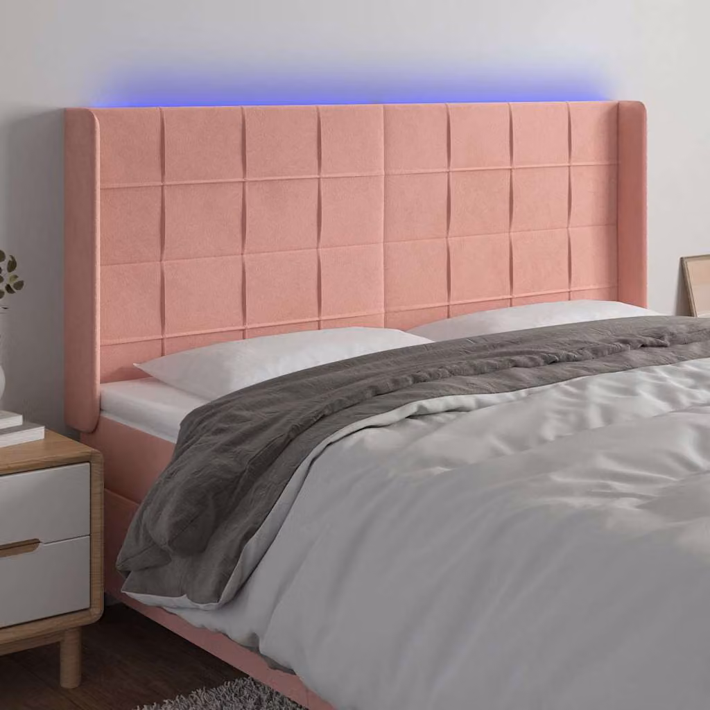 Testiera con LED e porta USB vidaXL in velluto rosa, L: 163 cm, P: 16 cm, H: 118/128 cm