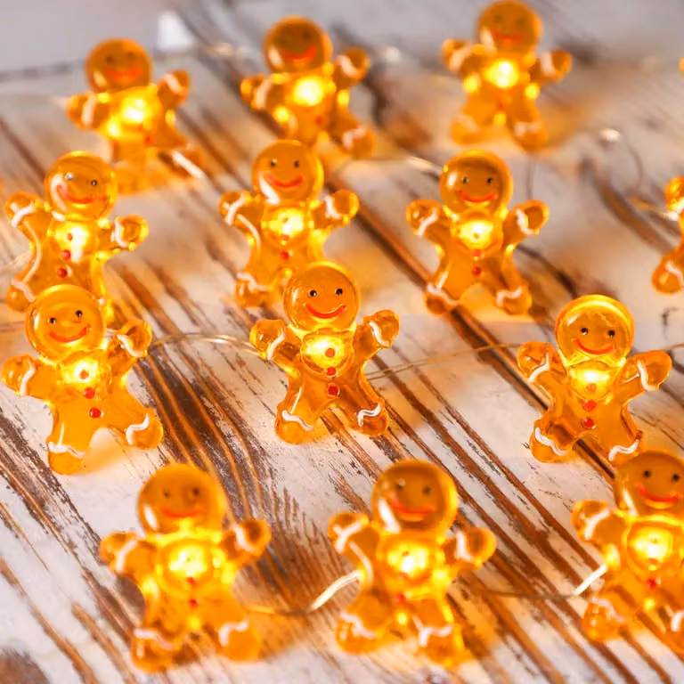 Catena luminosa a LED, 2 metri, con 20 decorazioni a forma di omino di pan di zenzero, alimentata a batteria, luce giallo caldo