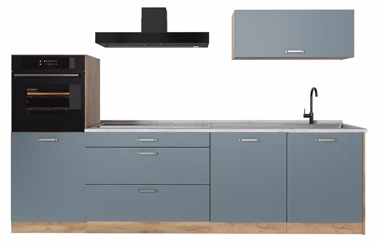 Cucina componibile Vicco R-Line Grigio-blu/Rovere dorato 280 cm piano di lavoro Marmo, Model 67259